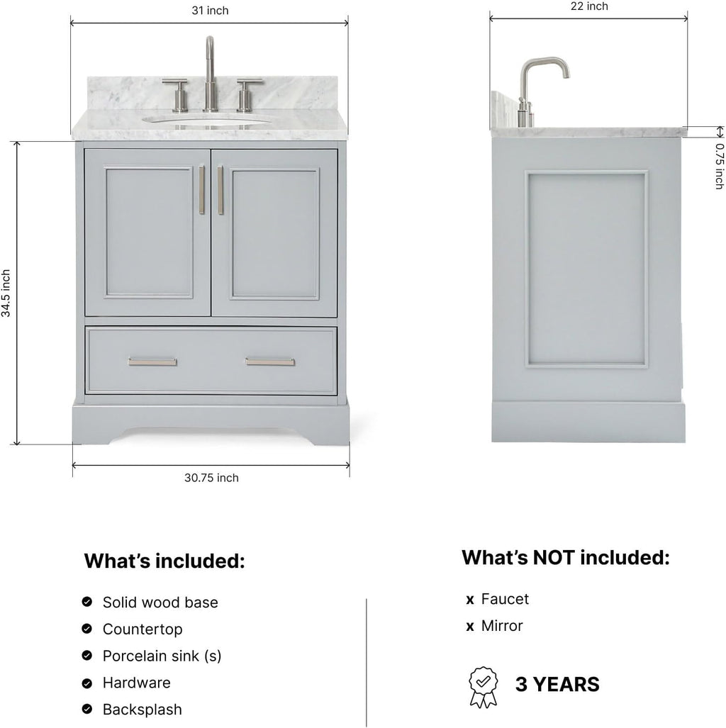 ARIEL Stafford 30-inch Bathroom Vanity with Sink,Solid Wood, 0.75-inch Italian Carrara Marble Countertop & Backsplash, Single Oval Porcelain Sink, 2 Soft Closing Doors, 1 Dovetail Drawers, Grey