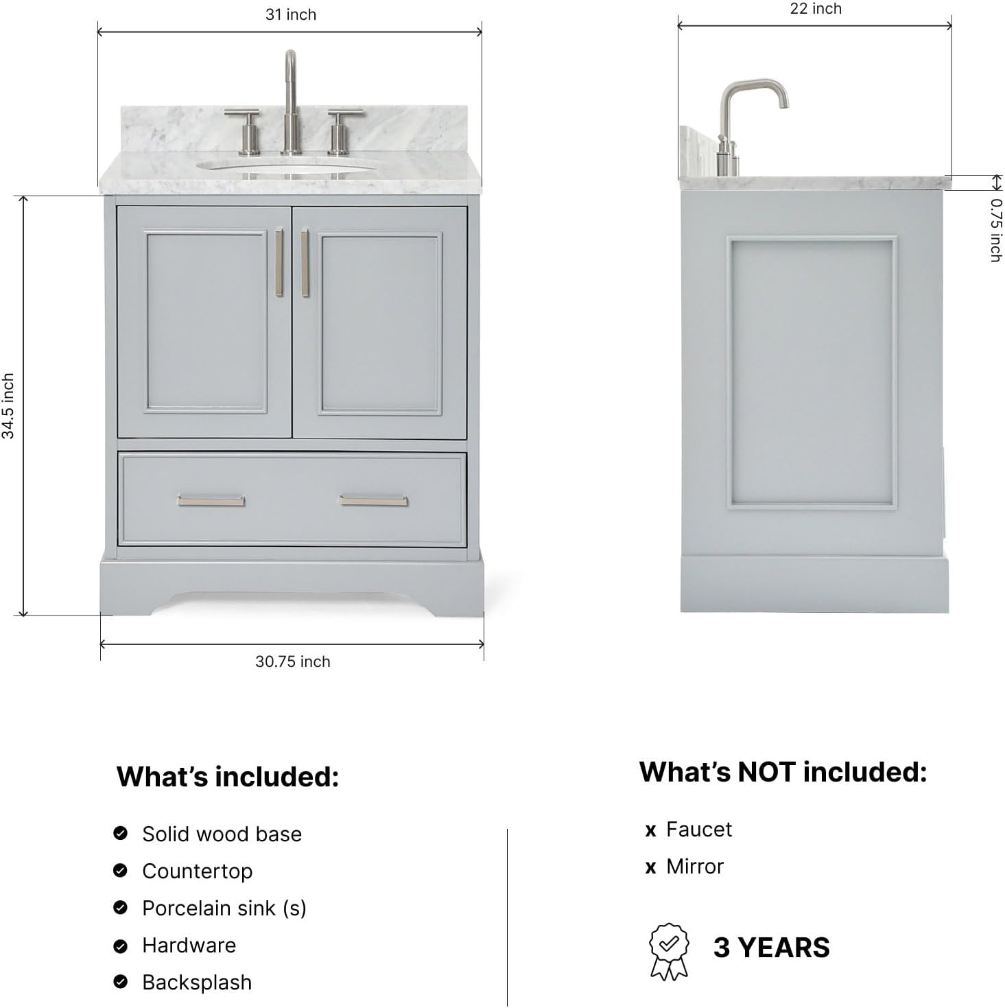 ARIEL Stafford 30-inch Bathroom Vanity with Sink,Solid Wood, 0.75-inch Italian Carrara Marble Countertop & Backsplash, Single Oval Porcelain Sink, 2 Soft Closing Doors, 1 Dovetail Drawers, Grey