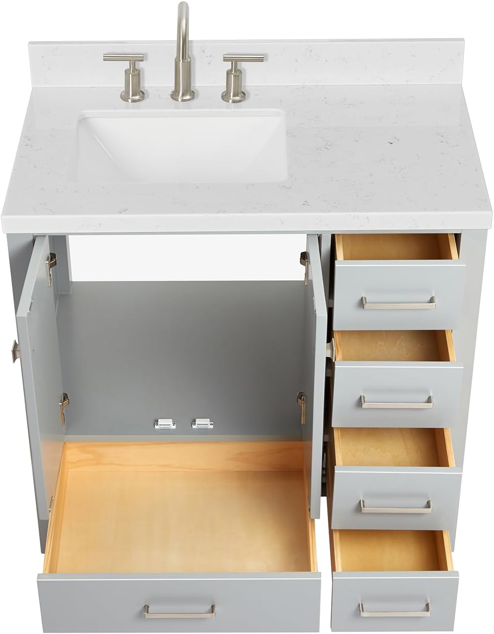 ARIEL Cambridge 36-inch Bathroom Vanity with Sink,Solid Wood, 1.5-inch Carrara White Quartz Countertop, Single Rectangular Porcelain Sink, 2 Soft Closing Doors, 5 Dovetail Drawers, Grey