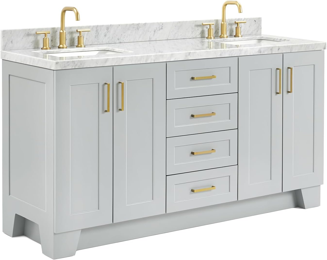 ARIEL Taylor 66-inch Bathroom Vanity with Sink,Solid Wood, 1.5-inch Italian Carrara Marble Countertop & Backsplash, Double Rectangular Porcelain Sink, 4 Soft Closing Doors, 5 Dovetail Drawers, Grey