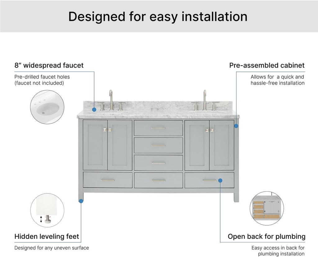 ARIEL Cambridge 66-inch Bathroom Vanity with Sink,Solid Wood, 1.5-inch Italian Carrara Marble Countertop & Backsplash, Double Oval Porcelain Sink, 4 Soft Closing Doors, 6 Dovetail Drawers, Grey