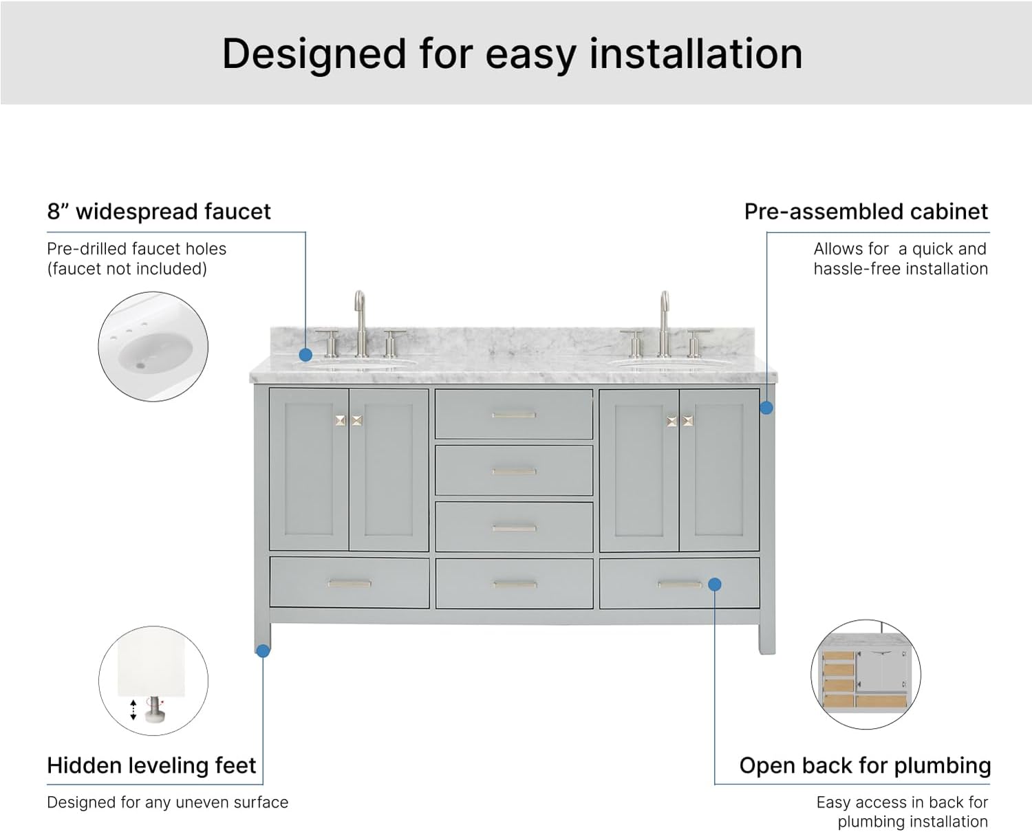 ARIEL Cambridge 66-inch Bathroom Vanity with Sink,Solid Wood, 1.5-inch Italian Carrara Marble Countertop & Backsplash, Double Oval Porcelain Sink, 4 Soft Closing Doors, 6 Dovetail Drawers, Grey