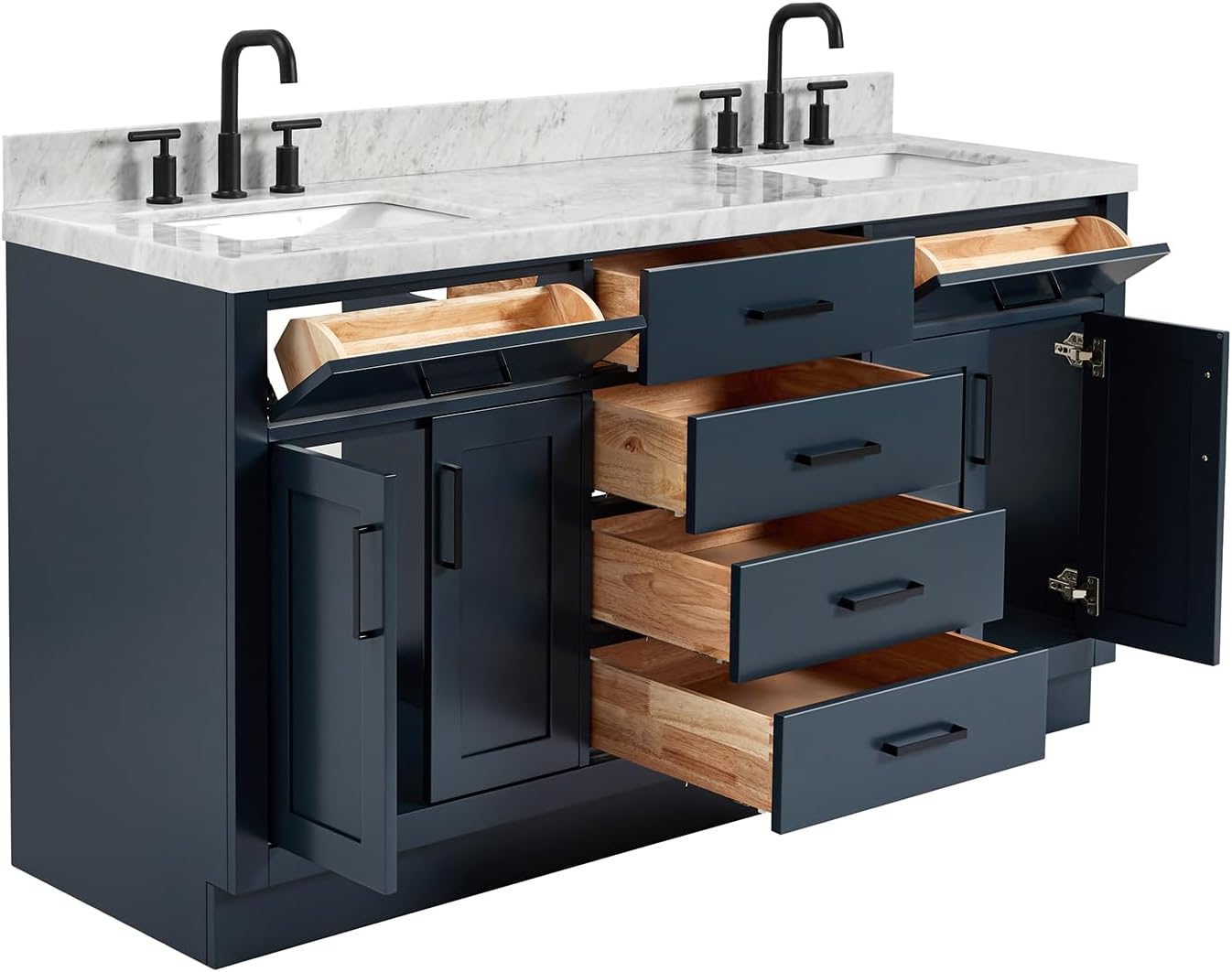 ARIEL Hepburn 66-inch Bathroom Vanity with Sink,Solid Wood, 1.5-inch Italian Carrara Marble Countertop, Double Rectangular Porcelain Sink, 4 Soft Closing Doors, 6 Dovetail Drawers, Midnight Blue