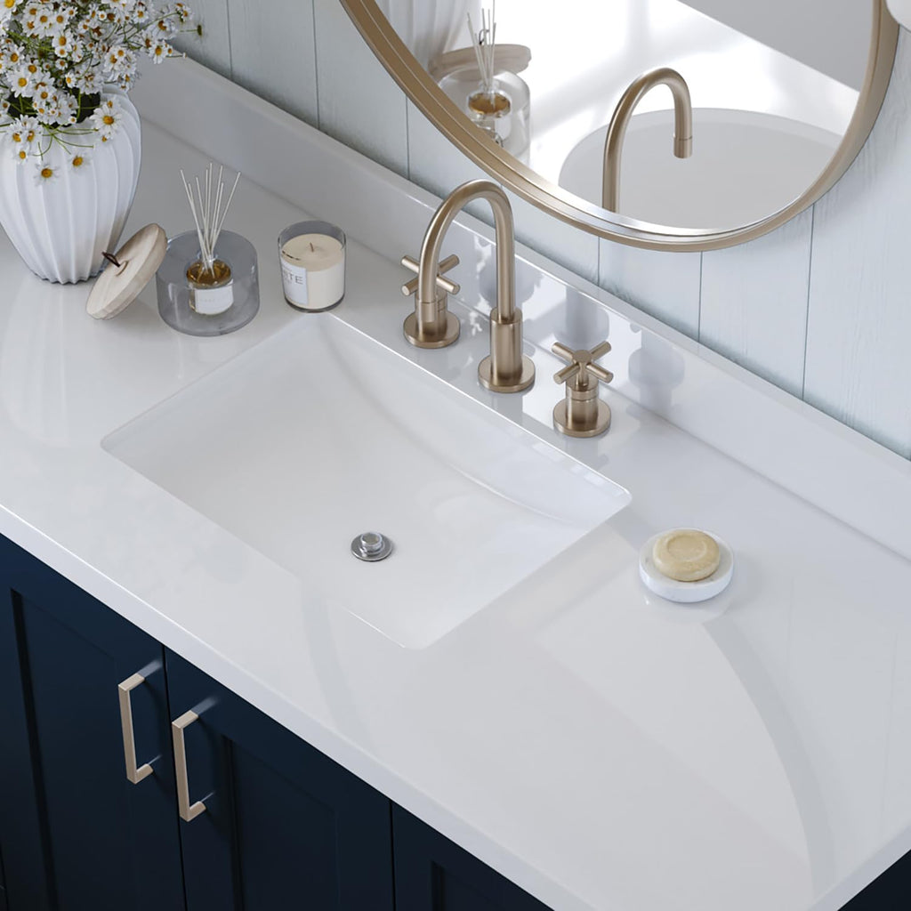 ARIEL Taylor 54-inch Bathroom Vanity with Sink,Solid Wood, 1.5-inch Pure White Quartz Countertop, Single Rectangular Porcelain Sink, 2 Soft Closing Doors, 9 Dovetail Drawers, Midnight Blue