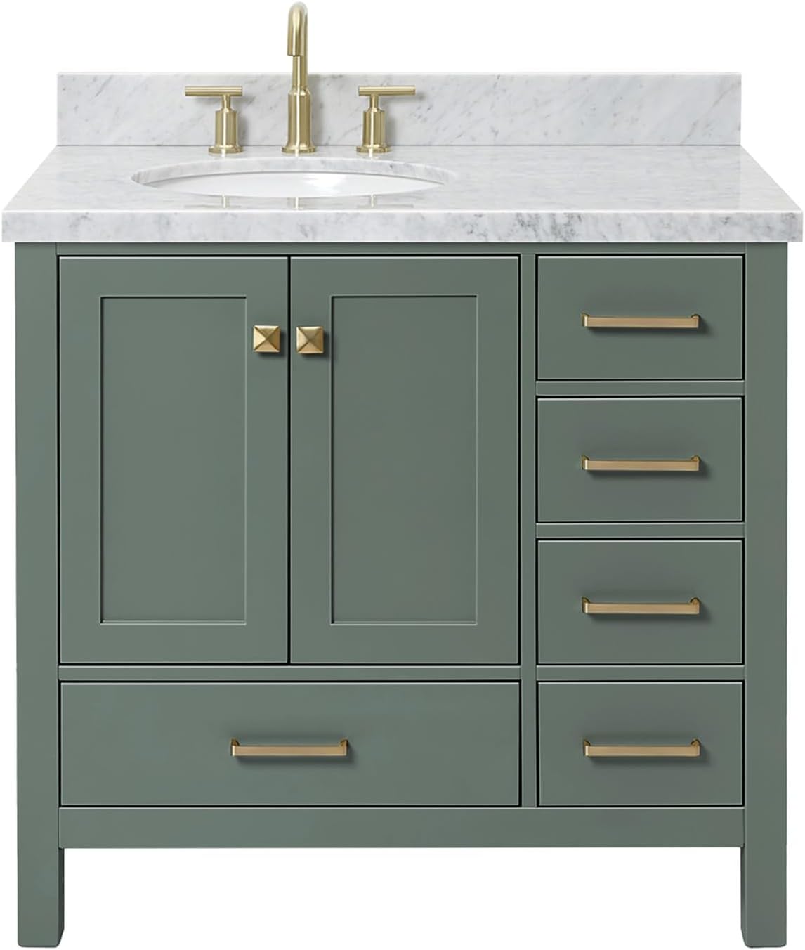 DKB Beckford 36-inch Vintage Green Bathroom Vanity with Left Oval Single Sink, Italian Carrara Marble Countertop & Backsplash, Solid Wood Frame, Soft-Closing & Dovetail Drawers