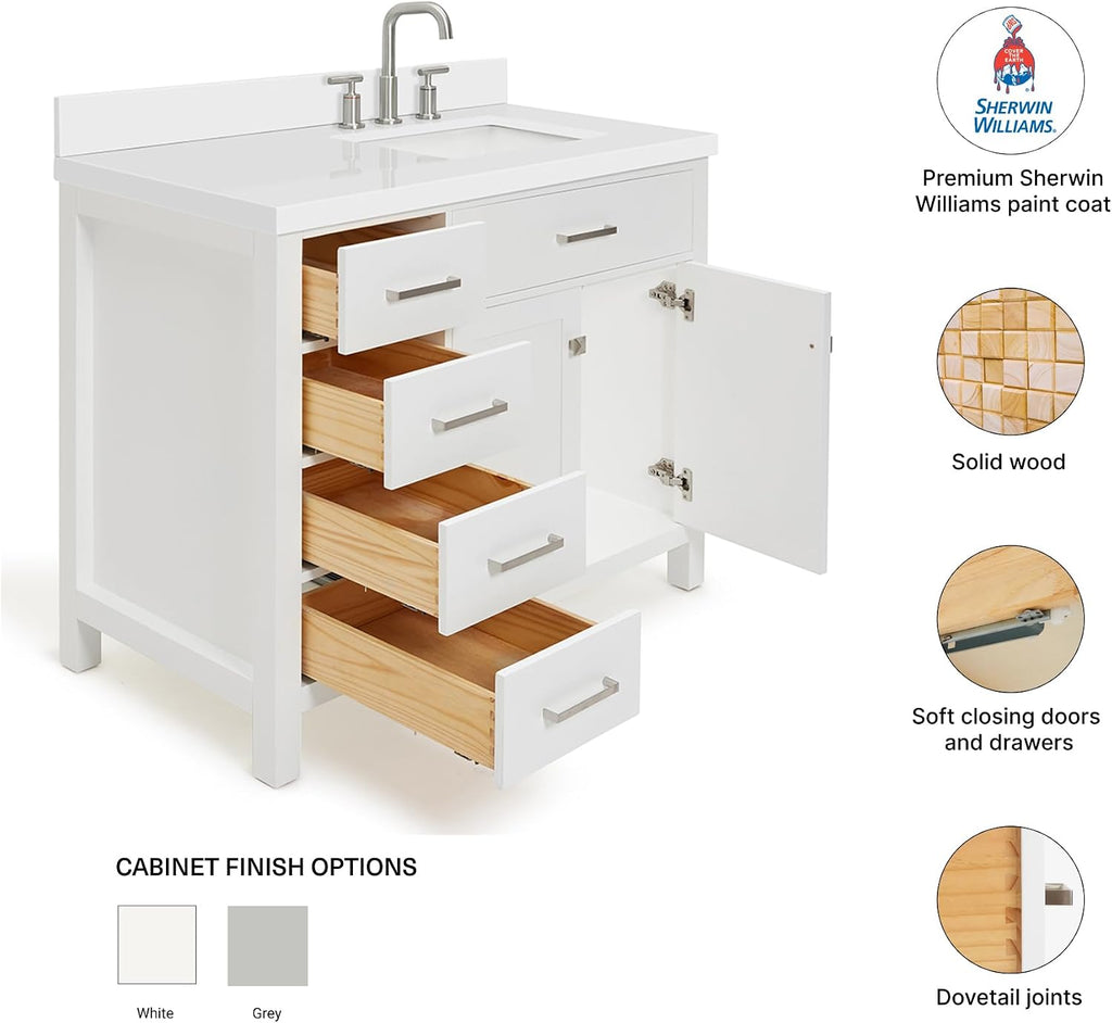 DKB Alenza 42-Inch White Single Bathroom Vanity with Right Rectangular Sink, 1.5' Pure White Quartz Countertop, 2 Soft Closing Doors, 4 Full Extension Dovetail Drawers, Polished Chrome