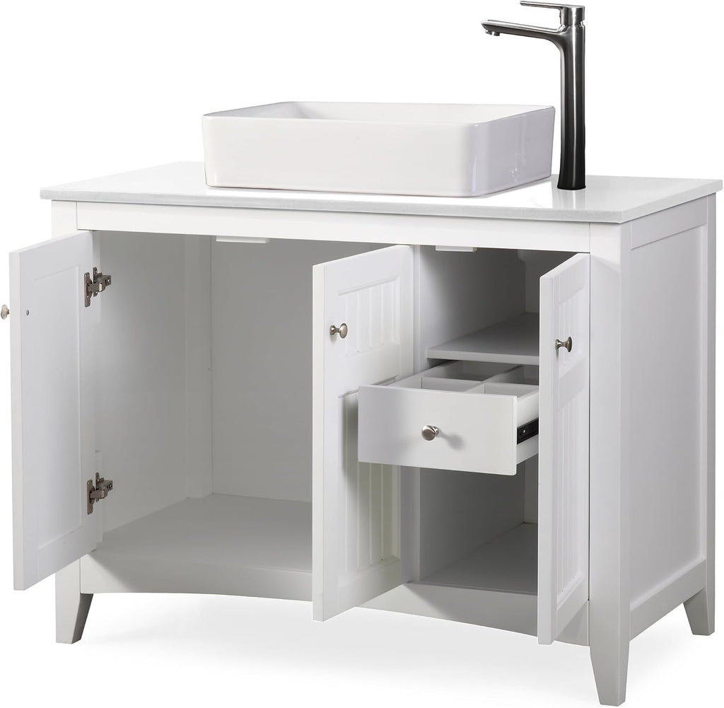 42' Triadsville White Vanity with White QuartzTop, Vessel Style Bathroom Sink, Soft-Closing Doors, Full Extension Drawer, Brushed Nickel Hardware