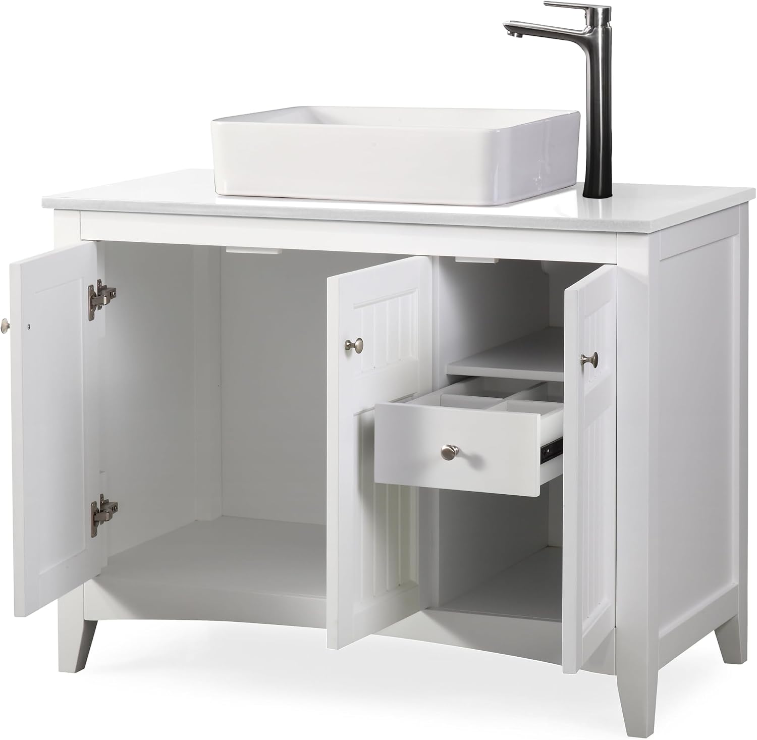 42' Triadsville White Vanity with White QuartzTop, Vessel Style Bathroom Sink, Soft-Closing Doors, Full Extension Drawer, Brushed Nickel Hardware