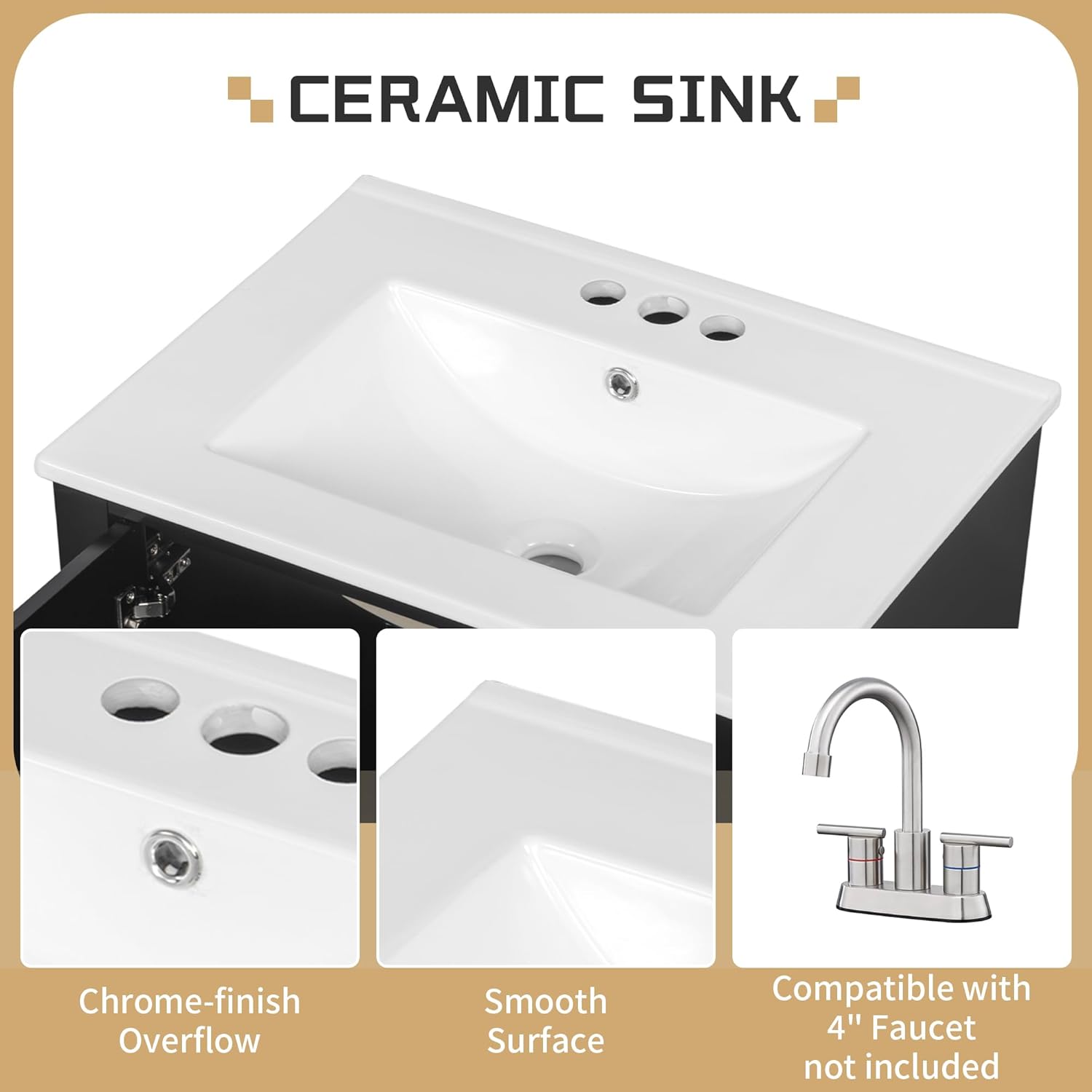 24' Modern Freestanding Bathroom Vanity with Ceramic Sink Top, 3 Drawers & Storage Shelves - MDF & Solid Wood Base