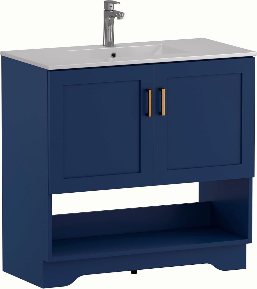 36 Inch Modern Bathroom Vanity with Ceramic Sink - Freestanding Cabinet 2 Soft-Close Doors & 1 Open Shelf, White Space-Saving Design for Powder Rooms (Blue)