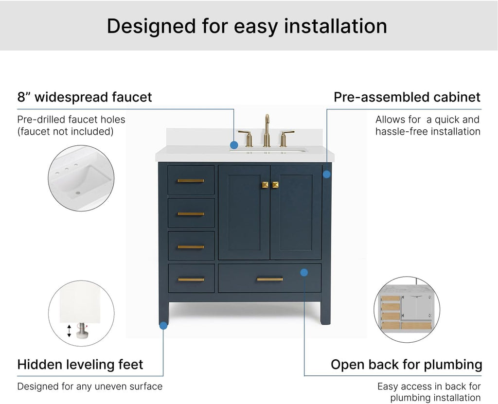 ARIEL Cambridge 36-inch Bathroom Vanity with Sink,Solid Wood, 1.5-inch Pure White Quartz Countertop, Single Rectangular Porcelain Sink, 2 Soft Closing Doors, 5 Dovetail Drawers, Midnight Blue