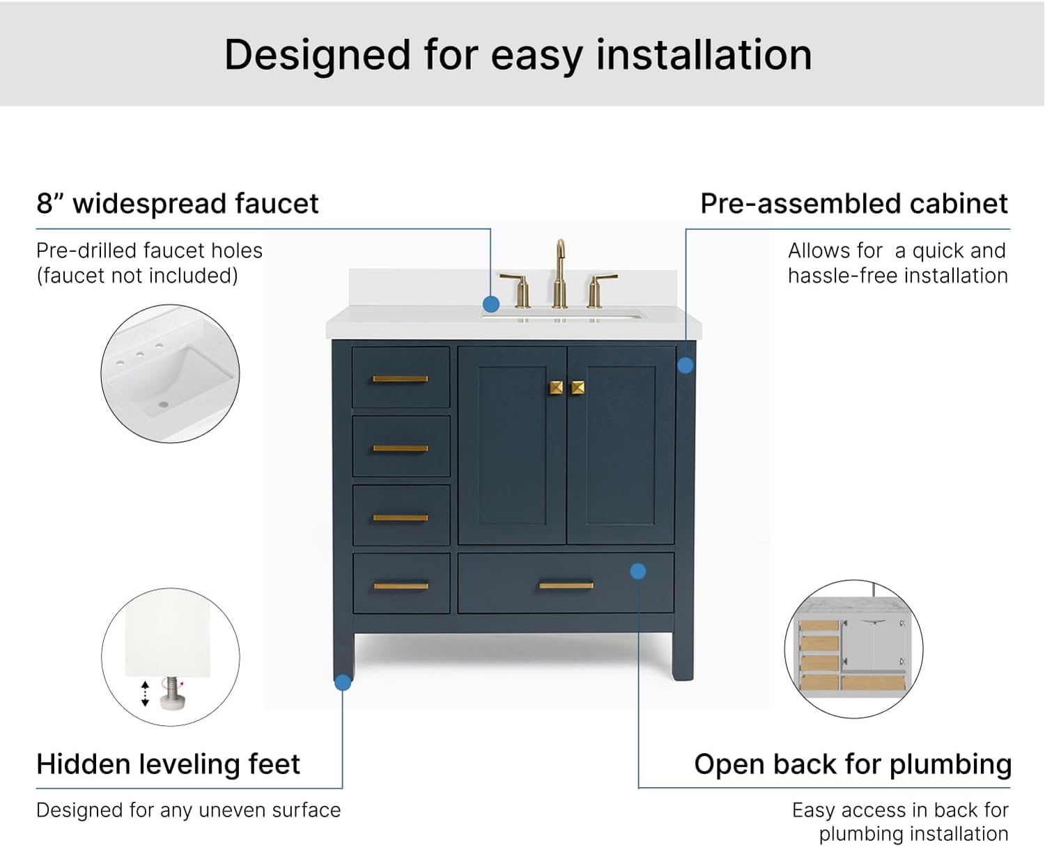 ARIEL Cambridge 36-inch Bathroom Vanity with Sink,Solid Wood, 1.5-inch Pure White Quartz Countertop, Single Rectangular Porcelain Sink, 2 Soft Closing Doors, 5 Dovetail Drawers, Midnight Blue