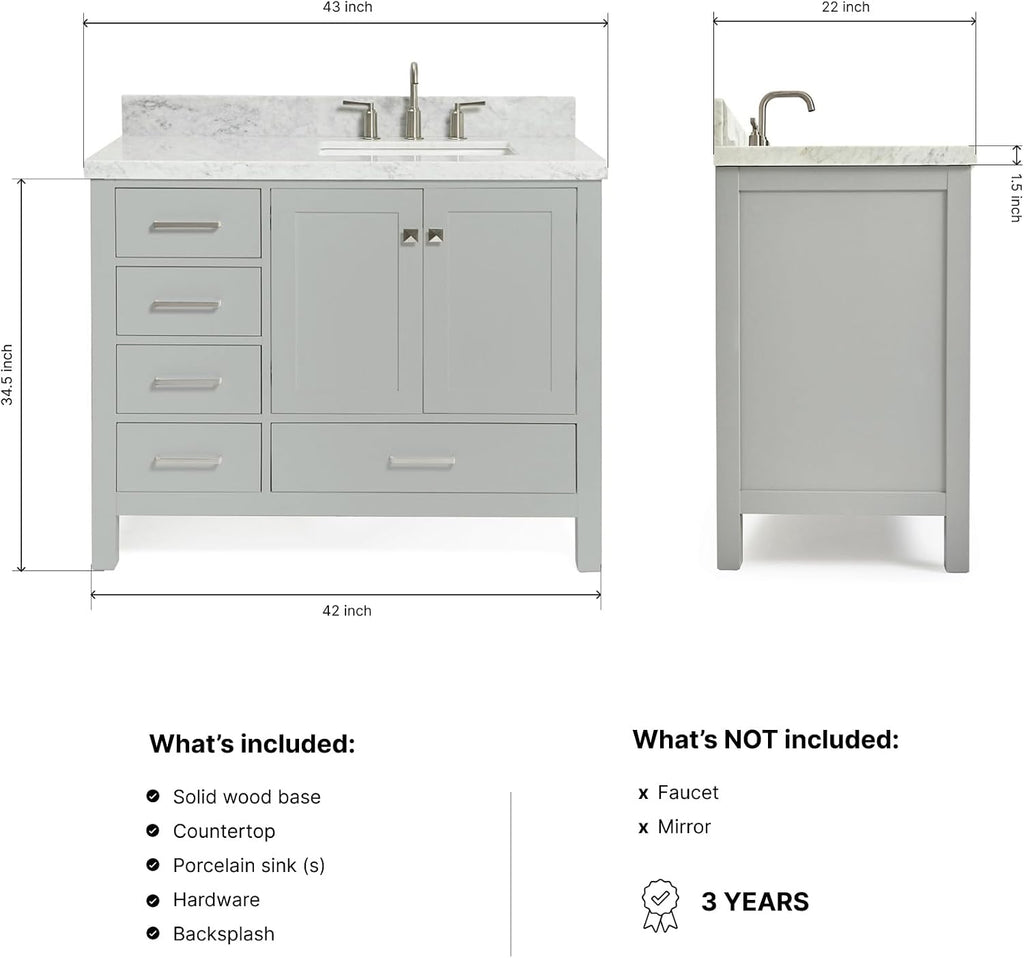 DKB Beckford 42-Inch Grey Bathroom Vanity with Right Offset Rectangular Undermount Sink, Italian Carrara White Marble Countertop, 2 Soft Closing Doors, 5 Dovetail Drawers, No Mirror