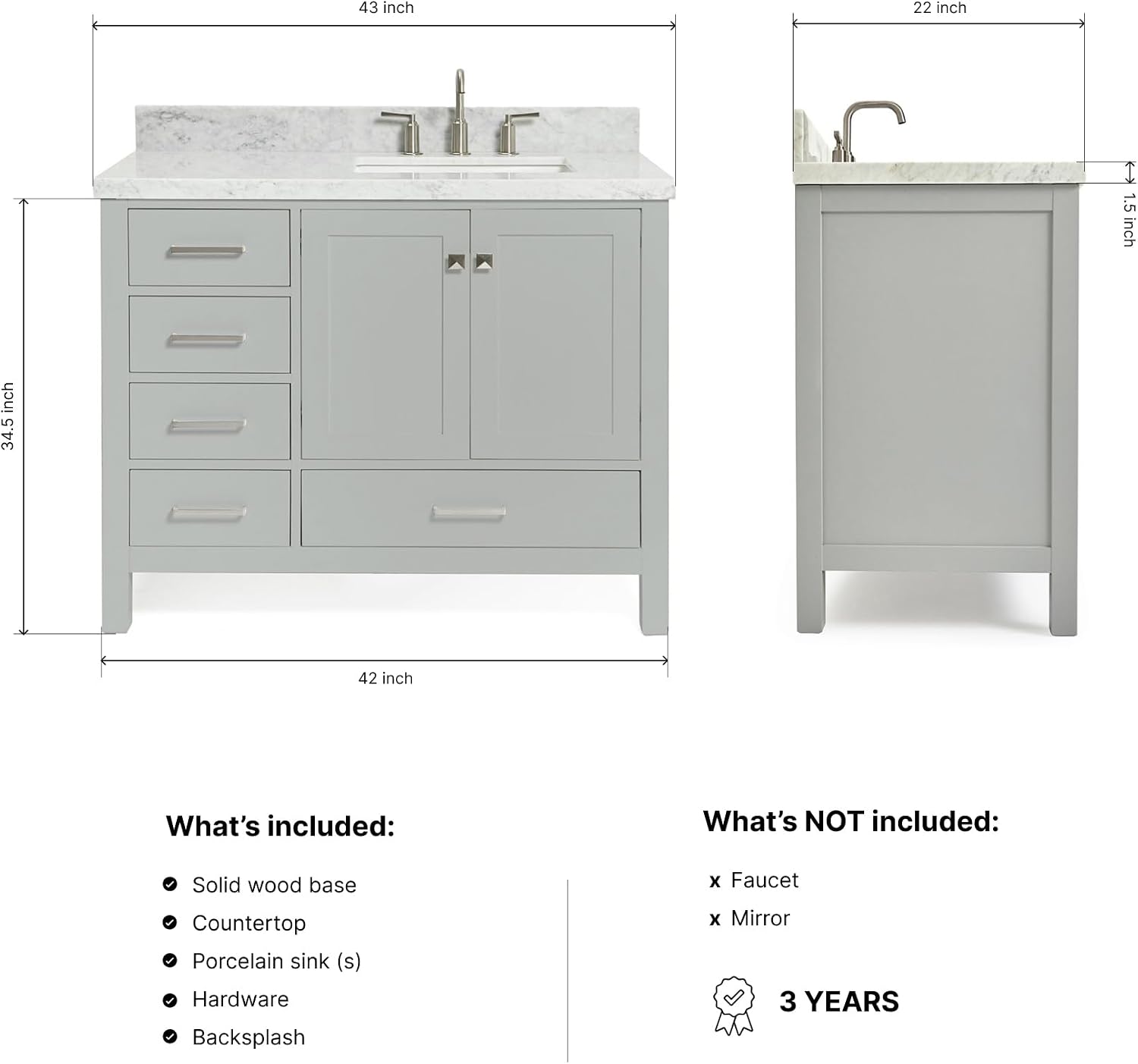 DKB Beckford 42-Inch Grey Bathroom Vanity with Right Offset Rectangular Undermount Sink, Italian Carrara White Marble Countertop, 2 Soft Closing Doors, 5 Dovetail Drawers, No Mirror