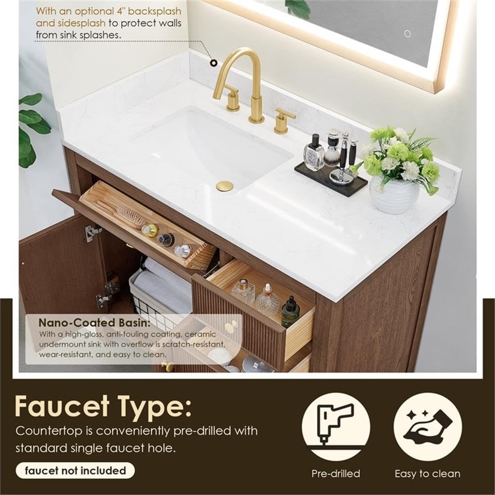 Pemberly Row 42' Bathroom Vanity, Solid Spruce Wood Cabinet, Grain Stone Countertop, Brown Oak Finish, 2 Fluted Doors, 4 Drawers, Ceramic Sink, Brushed Gold Hardware, Contemporary Style