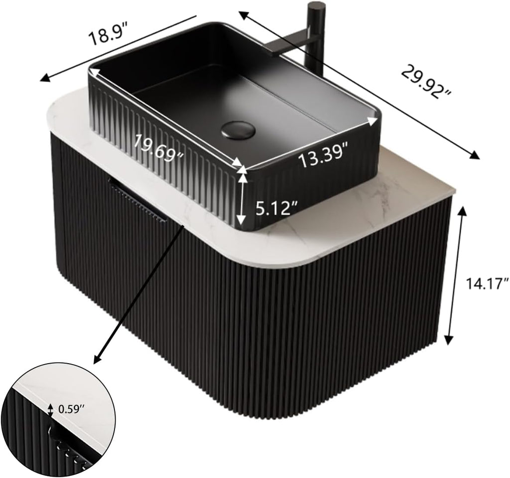 Yayzy 30' Floating Bathroom Vanity with Sink, Solid Wood Fluted Cabinet, Black Fluted Square Ceramic Basin & Faux Marble Top, Soft-Close Drawer, Pre-Assembled, Gloss Black