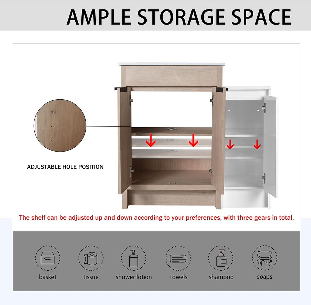 36 Inch Single Sink Bathroom Vanity Combo, Plywood Bathroom Vanity with Sink & Ceramic Top, Freestanding Bathroom Vanity Set with Storage Cabinets and Soft Closing Door