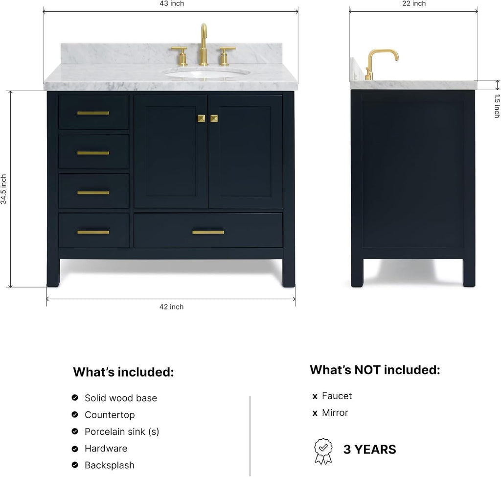DKB Beckford 42-Inch Midnight Blue Bathroom Vanity with Single Right Oval Undermount Sink, 1.5-Inch Carrara Marble Countertop, 2 Soft-Closing Doors, 5 Dovetail Drawers, Solid Wood