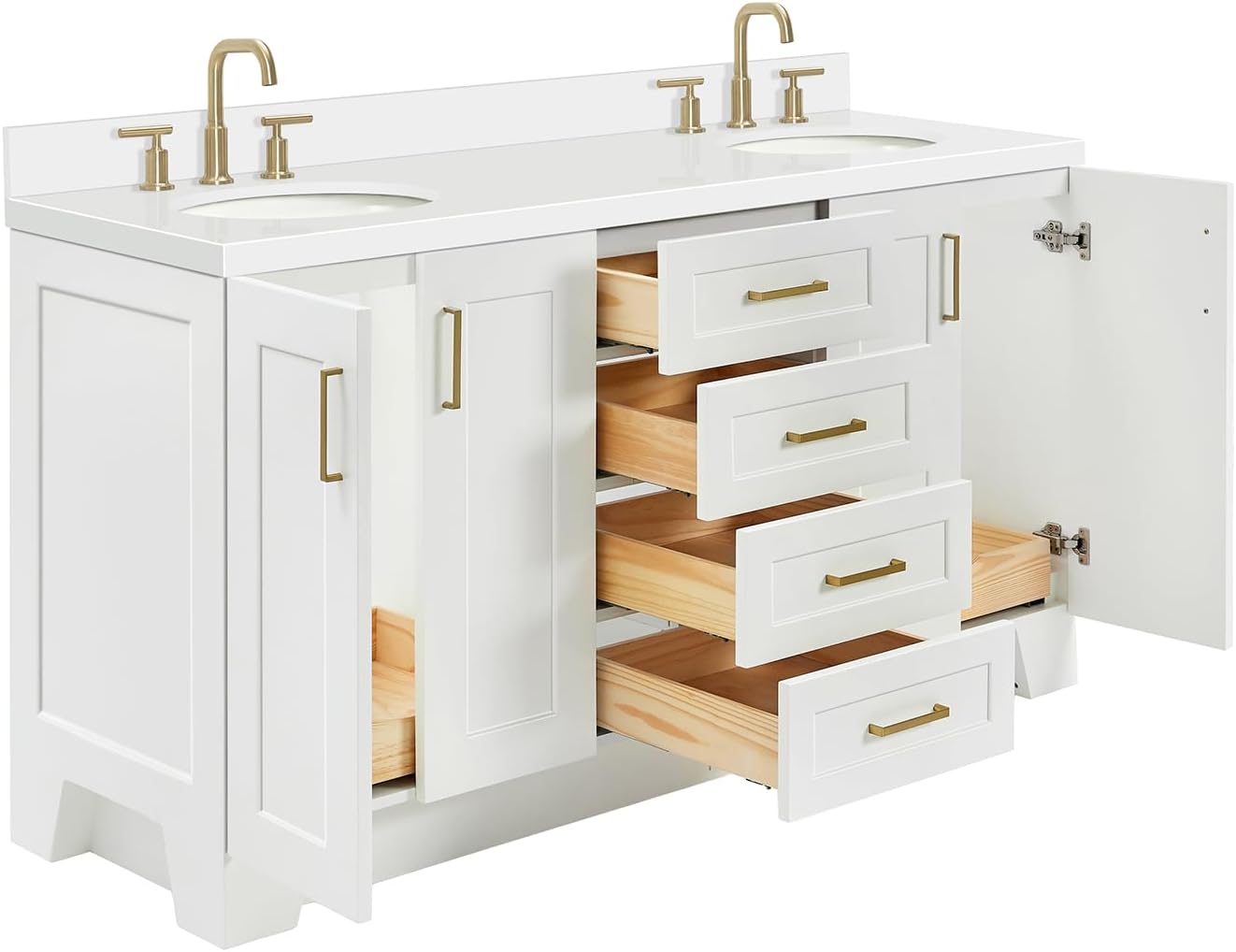 DKB Emilia 66-Inch White Double Bathroom Vanity, 1.5-Inch Edge Pure White Quartz Countertop & Backsplash, Oval Undermount Sinks, 4 Soft Closing Doors, 6 Dovetail Drawers, Toe Kick, Satin Brass