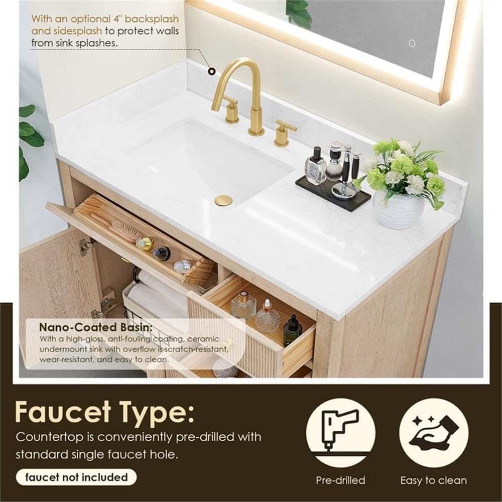 Pemberly Row 42' Wood Bathroom Vanity, Natural Oak Finish, Stone Top, Fluted 2-Door Design, 4 Drawers, Ceramic Sink, Pre-Drilled Faucet Holes, Contemporary Style, Storage for Bathroom Essentials