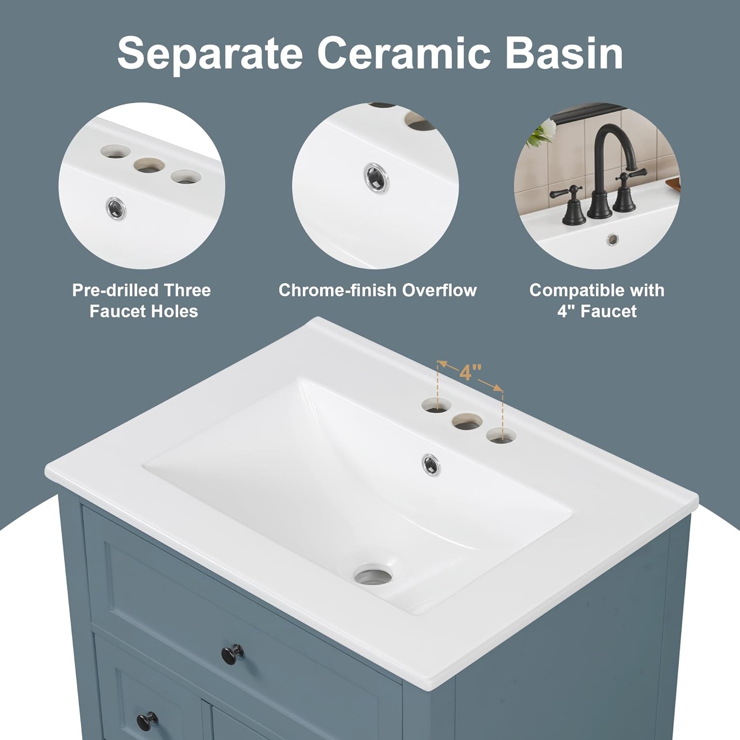 24' Bathroom Vanities Sink Set, Cabinet with Multi-Functional Tip-Out Drawer and Adjustable Shelf, Soft-Closing Door, Solid Wood Legs, Gray Blue