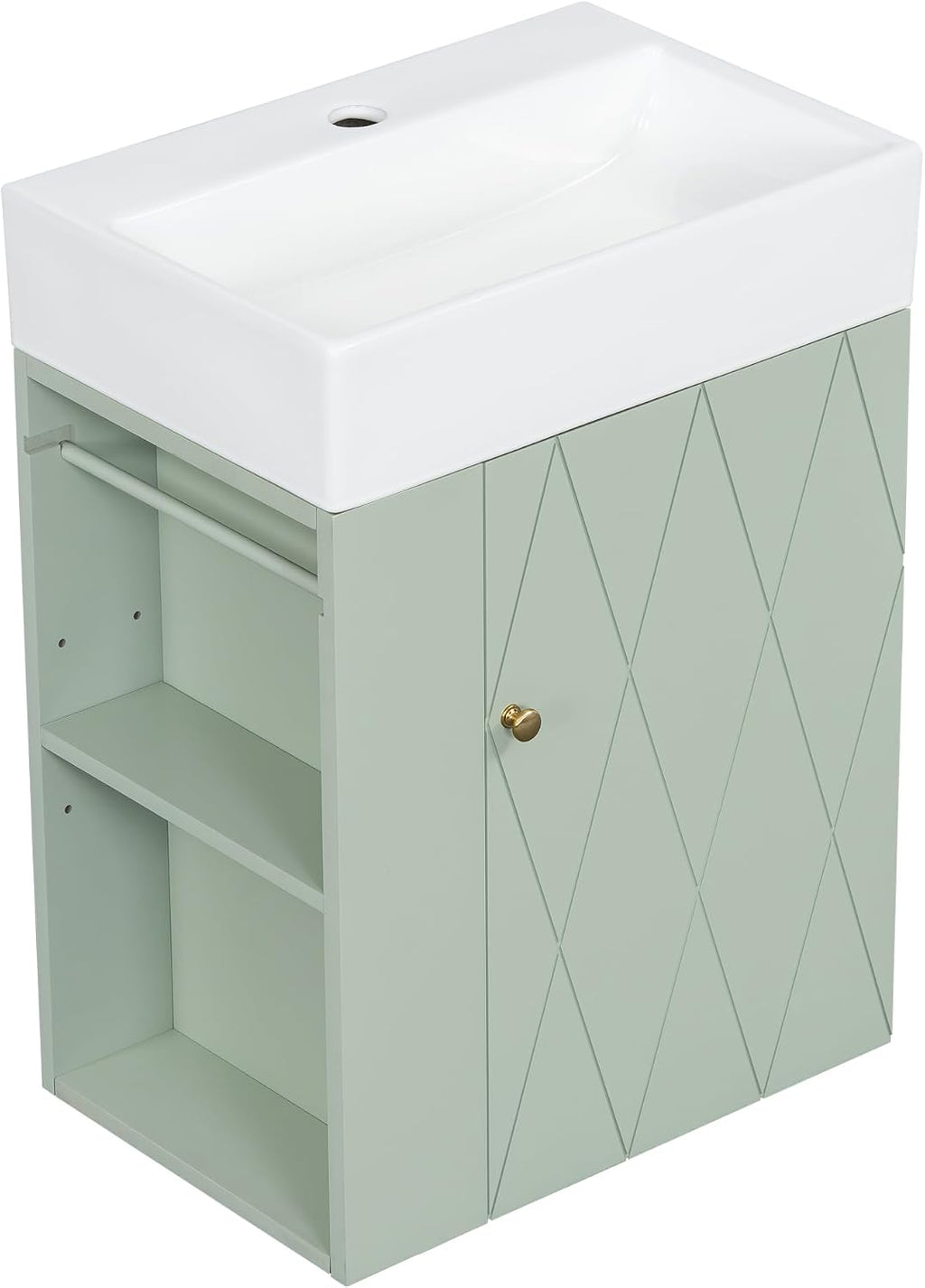 20' Floationg Wall-Mounted Bathroom Vanity with Ceramic Sink, Adjustable Shelf, Toilet Paper Holder, Modern Style, Door with Diamond Design, Green