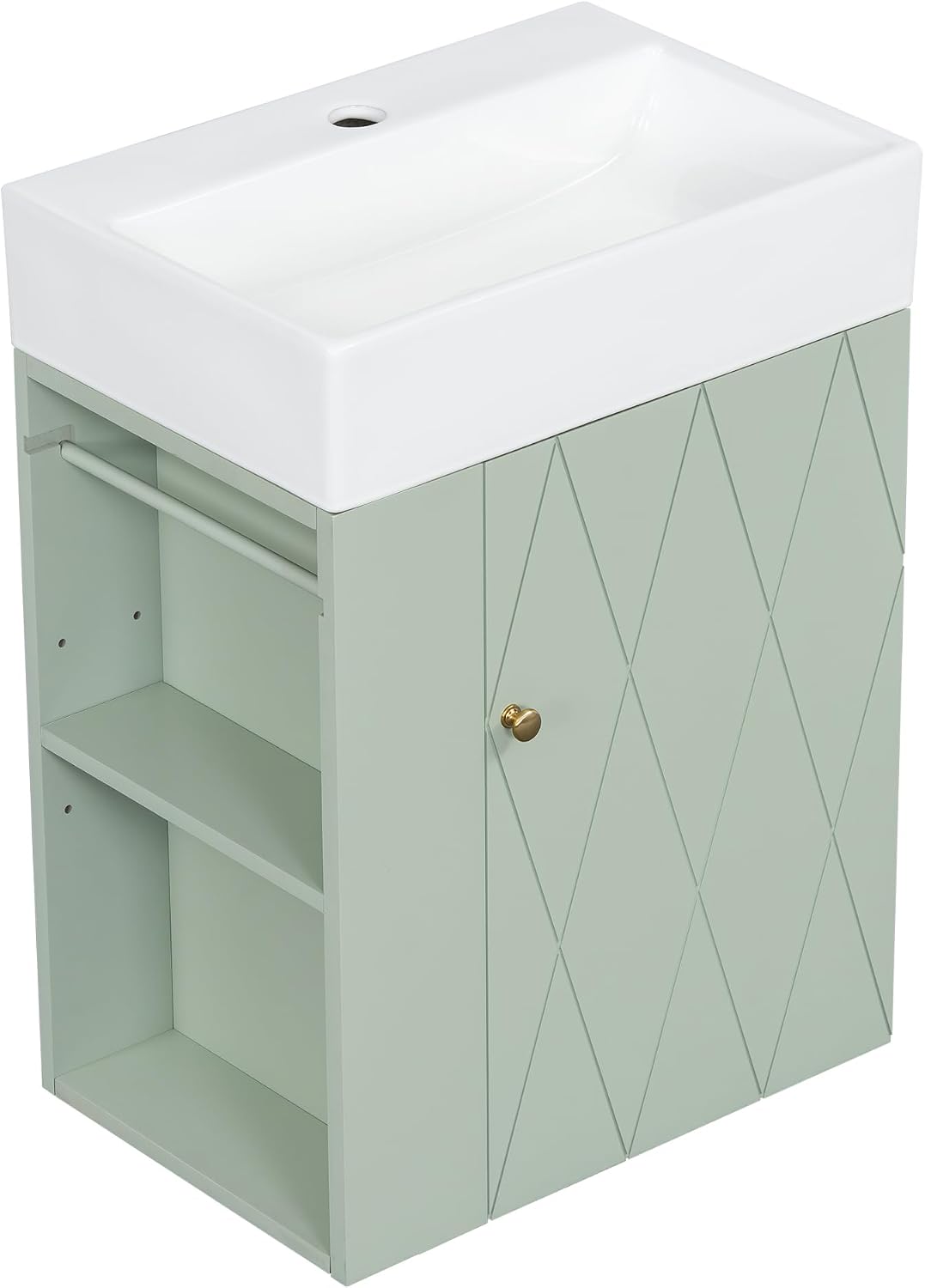 20' Floationg Wall-Mounted Bathroom Vanity with Ceramic Sink, Adjustable Shelf, Toilet Paper Holder, Modern Style, Door with Diamond Design, Green