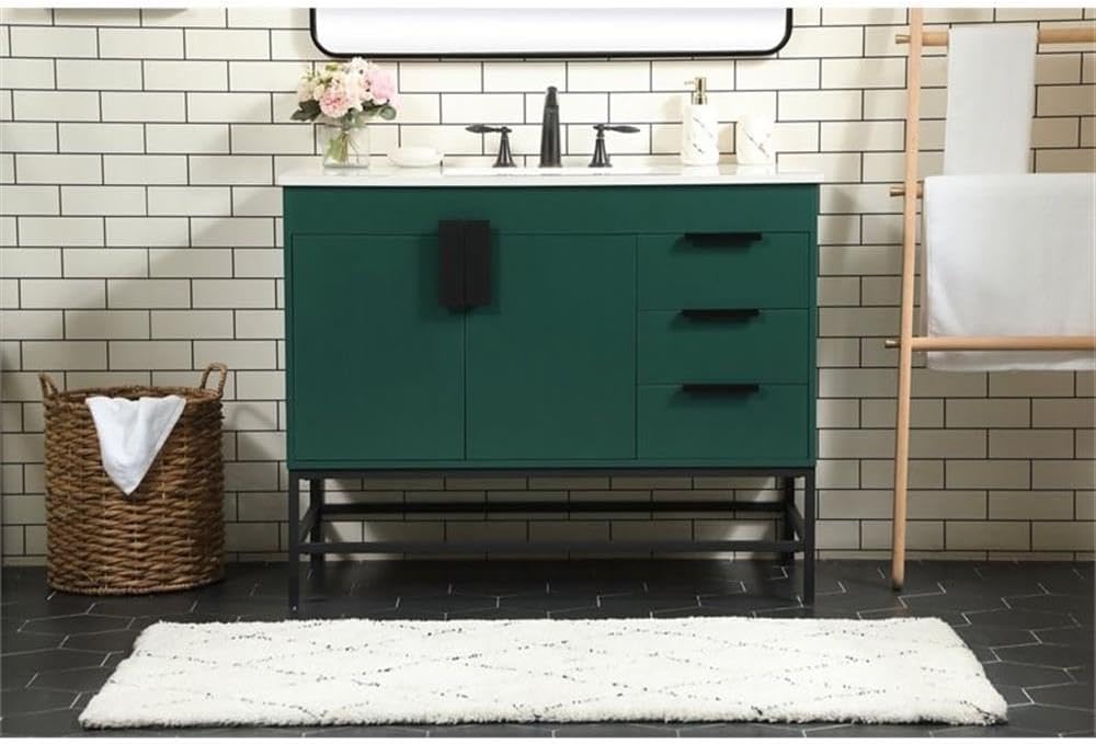 Pemberly Row 42' Aluminum MDF Single Bathroom Vanity, Green Finish, Quartz Top with Porcelain Sink, Rectangle Shape, Soft Closing Drawers and Cabinet, Powder-Coated Metal Legs, Modern Bathroom