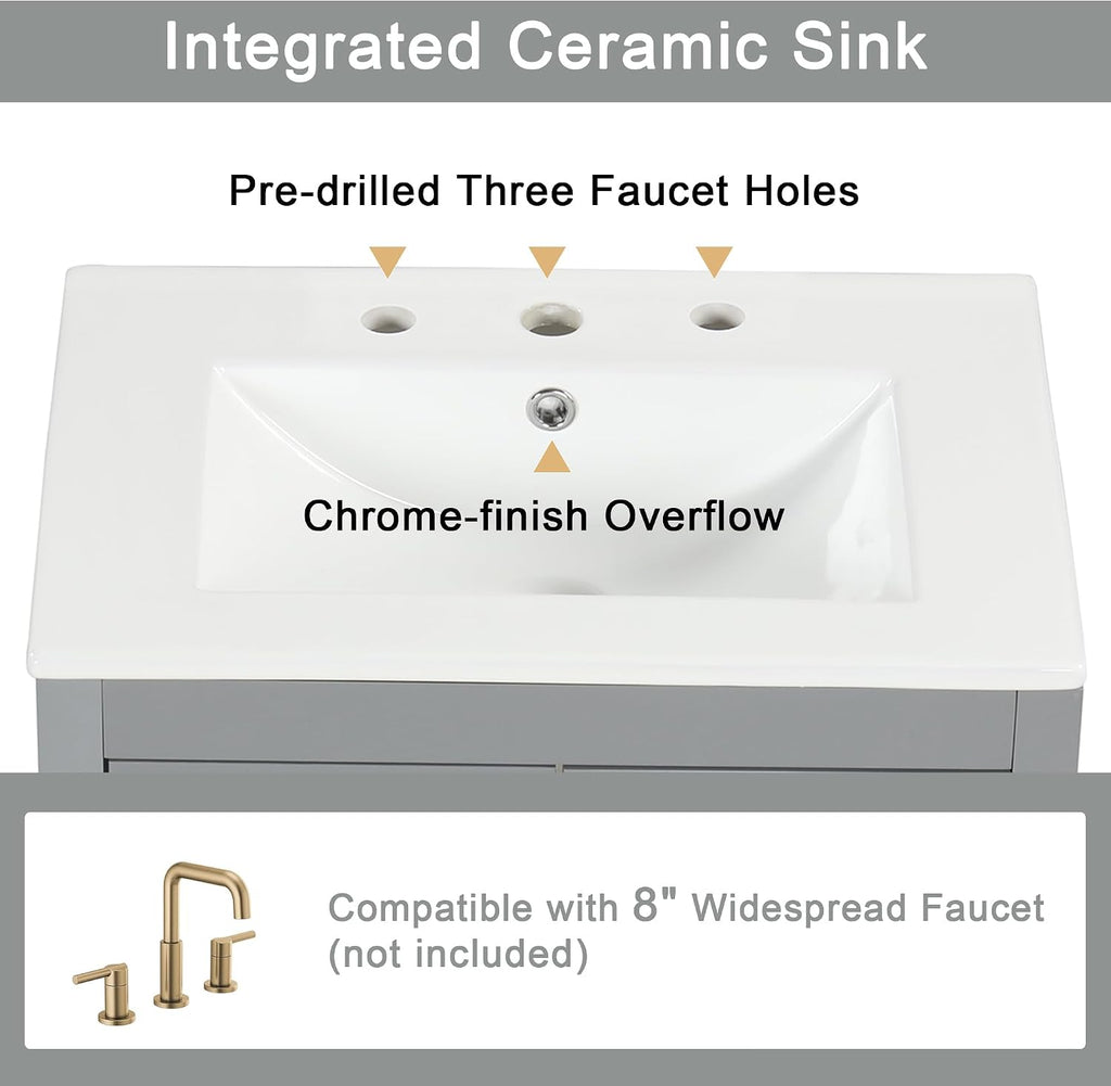 LUMISOL 24' Bathroom Vanity with Sink, Solid Wood Bathroom Vanity with Glass Door and 2 Drawers, Free Standing Single Bathroom Cabinet with Ceramic Basin, Soft-Closing, Gray