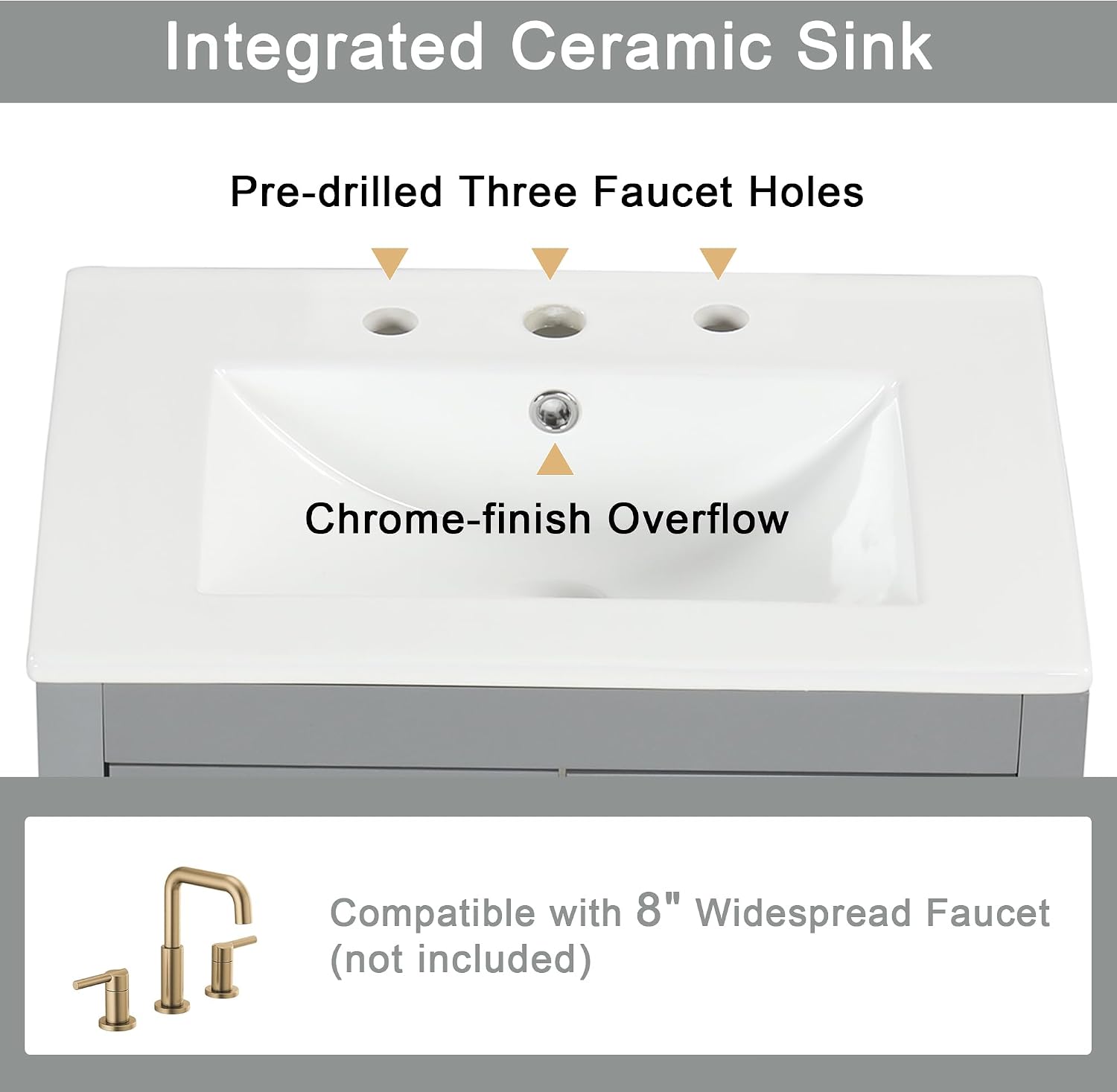 LUMISOL 24' Bathroom Vanity with Sink, Solid Wood Bathroom Vanity with Glass Door and 2 Drawers, Free Standing Single Bathroom Cabinet with Ceramic Basin, Soft-Closing, Gray