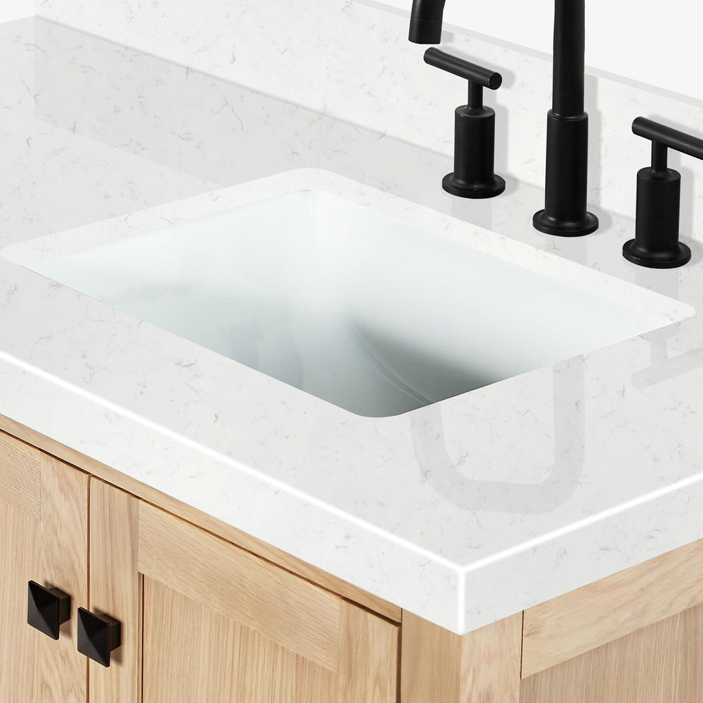 DKB Beckford 42-Inch Oak Bathroom Vanity with Sink, Carrara White Quartz Countertop & 4' Backsplash, Soft Closing Door & Drawer, Matte Black Hardware