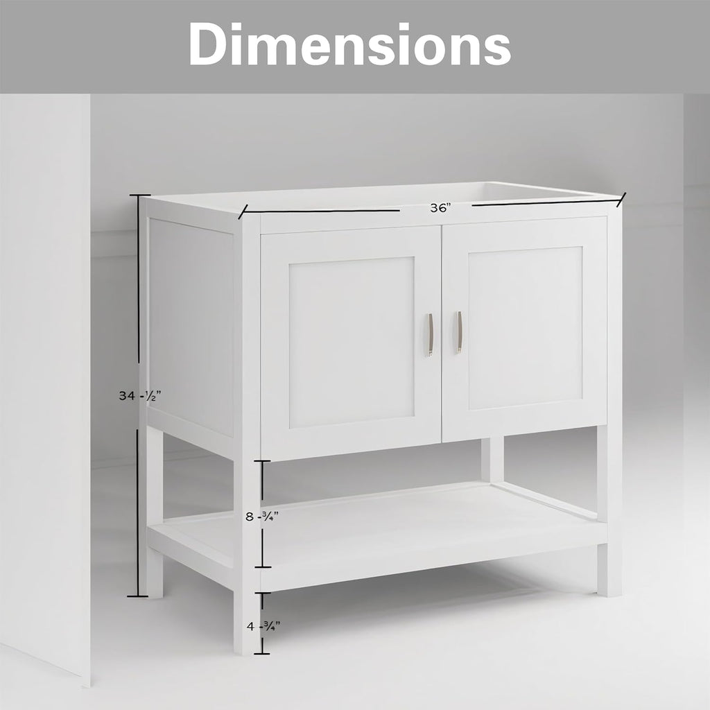 36' Bathroom Vanity with Sink – Freestanding Solid Wood Cabinet with Open Shelf, Soft-Close Doors, Matte White Resin Integrated Top (37' Top Included, White)