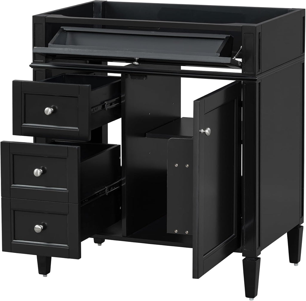 Favfurish 30' Bathroom Vanity Without Top Sink,Modern Freestanding Bath Storage Cabinet with 2 Soft-Close Drawers & Tip-Out Tray,Solid Wood Vanity Only w/Adjustable Shelf & Door Organizer,Black