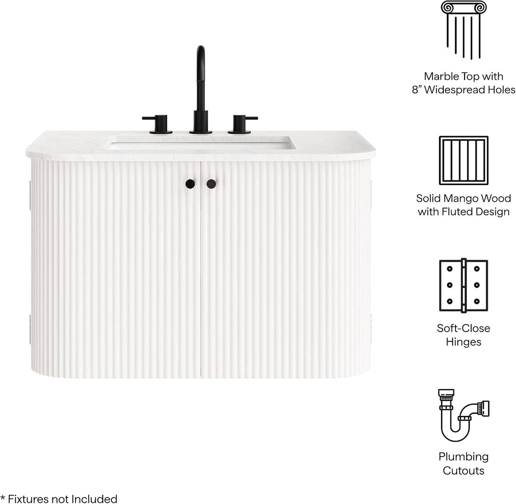 Modway Zia 30 Inch Wall-Mount Bathroom Vanity in Ivory with Marble Sink Basin - Floating Bathroom Cabinet with Fluted Design