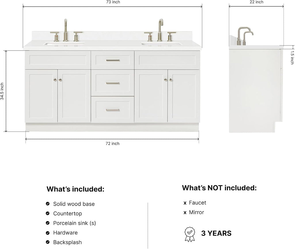 ARIEL Hamlet 72-inch Bathroom Vanity with Sink,Solid Wood, 1.5-inch Pure White Quartz Countertop & Backsplash, Double Rectangular Porcelain Sink, 4 Soft Closing Doors, 3 Dovetail Drawers, White