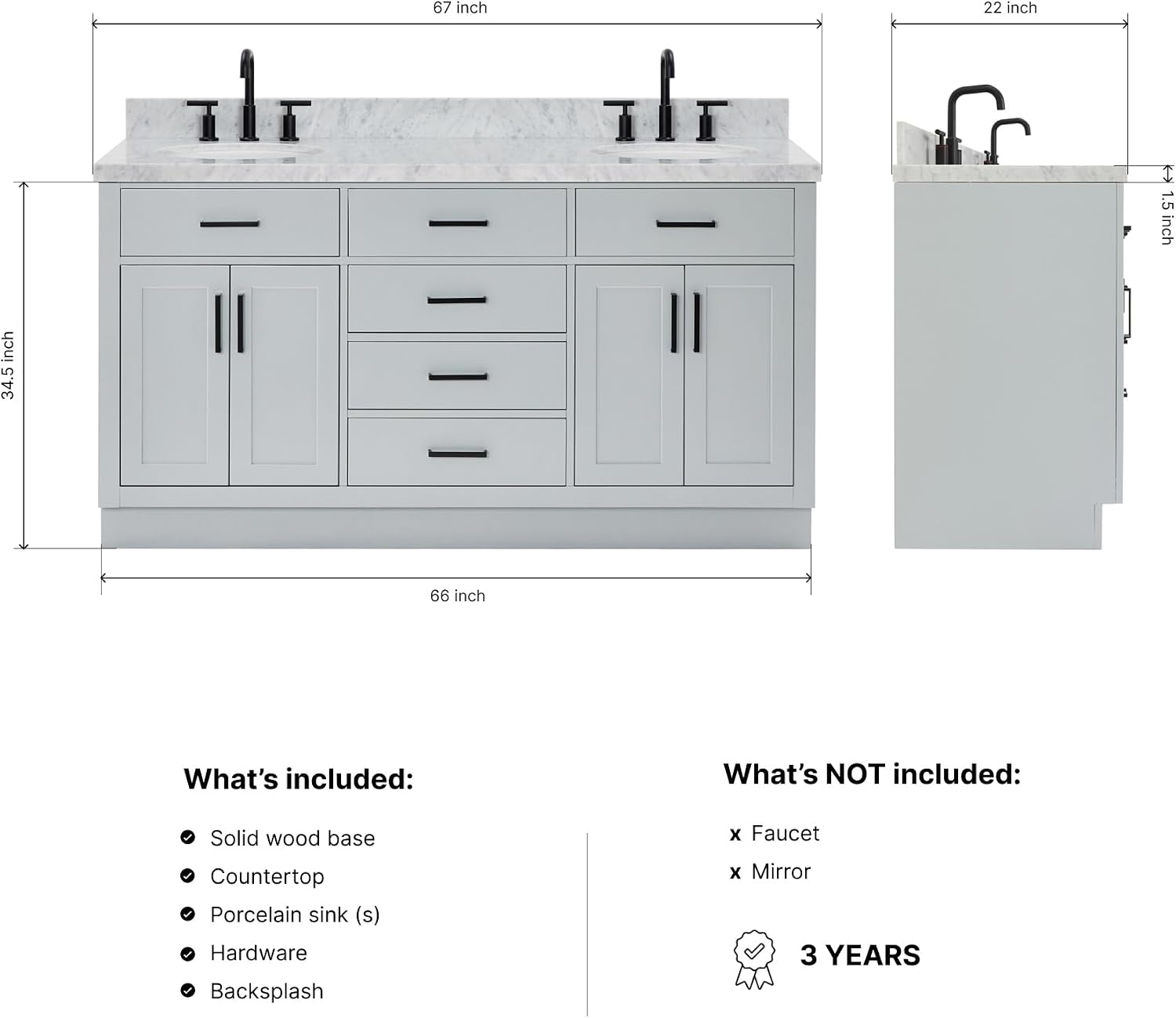 DKB Isabella 66' Grey Double Bathroom Vanity with Sink, 1.5' Edge Italian Carrara Marble Countertop, 2 Oval Undermount Sinks, 4 Soft Closing Doors, 6 Dovetail Drawers