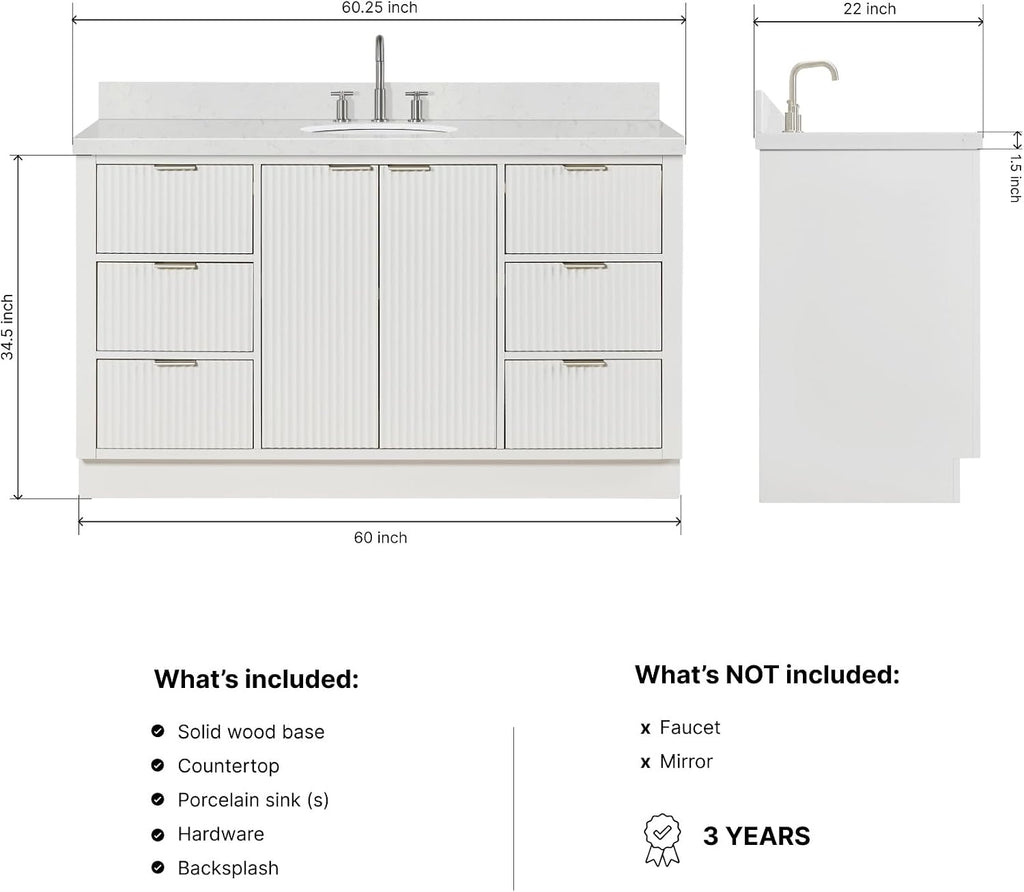 ARIEL Milan 60-inch Bathroom Vanity with Sink,Solid Wood, 1.5-inch Carrara White Quartz Countertop & Backsplash, Single Oval Porcelain Sink, 2 Soft Closing Doors, 6 Dovetail Drawers, Warm White