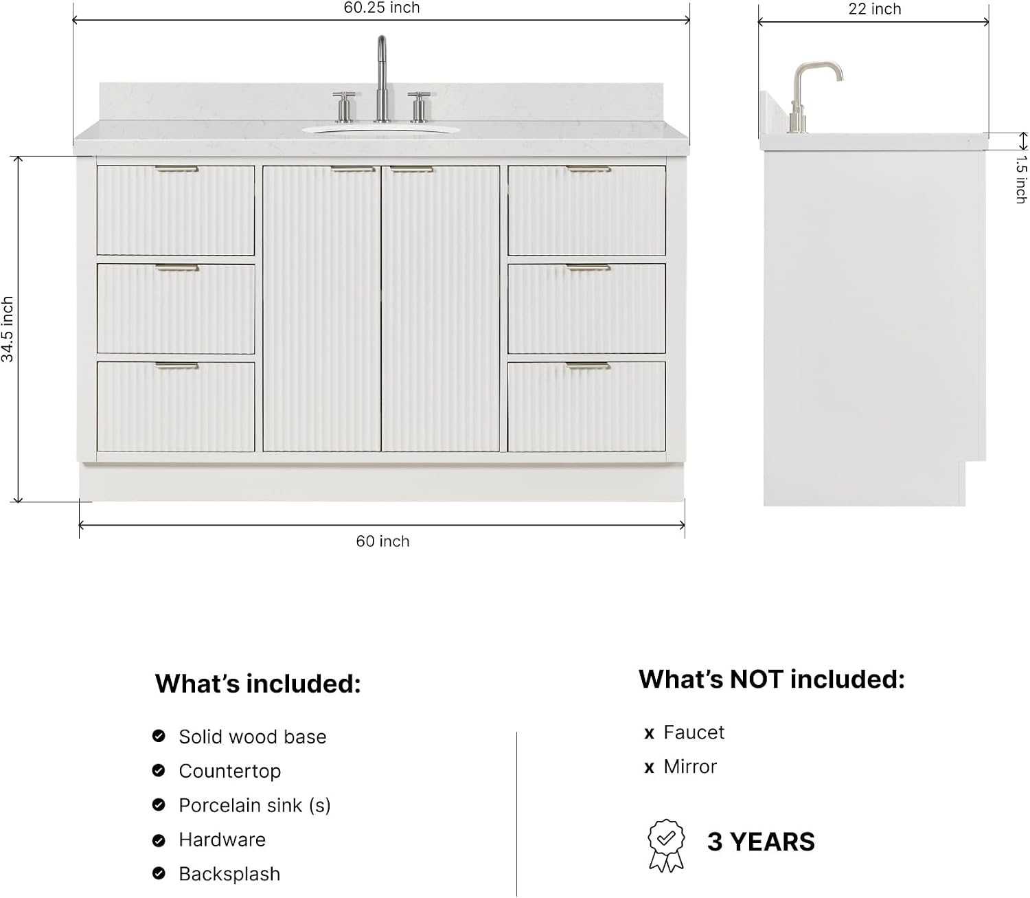 ARIEL Milan 60-inch Bathroom Vanity with Sink,Solid Wood, 1.5-inch Carrara White Quartz Countertop & Backsplash, Single Oval Porcelain Sink, 2 Soft Closing Doors, 6 Dovetail Drawers, Warm White