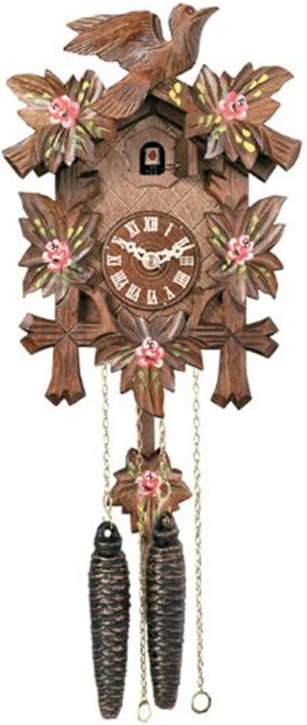 9' One Day Hand-Carved Mechanical Cuckoo Clock with Hand-Painted Flowers, Five Maple Leaves and One Bird