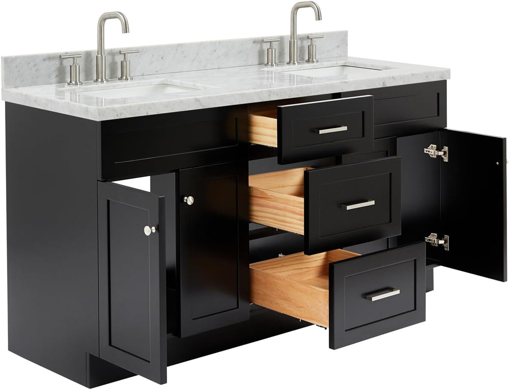 ARIEL Hamlet 66-inch Bathroom Vanity with Sink,Solid Wood, 1.5-inch Italian Carrara Marble Countertop, Double Rectangular Porcelain Sink, 4 Soft Closing Doors, 3 Dovetail Drawers, Black