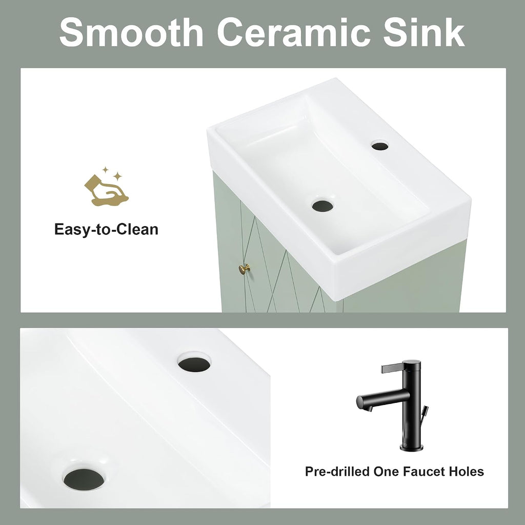 20' Floationg Wall-Mounted Bathroom Vanity with Ceramic Sink, Adjustable Shelf, Toilet Paper Holder, Modern Style, Door with Diamond Design, Green