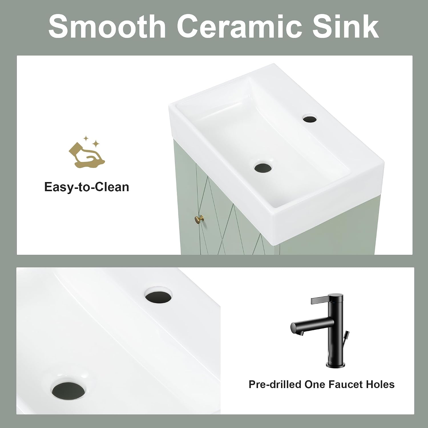 20' Floationg Wall-Mounted Bathroom Vanity with Ceramic Sink, Adjustable Shelf, Toilet Paper Holder, Modern Style, Door with Diamond Design, Green