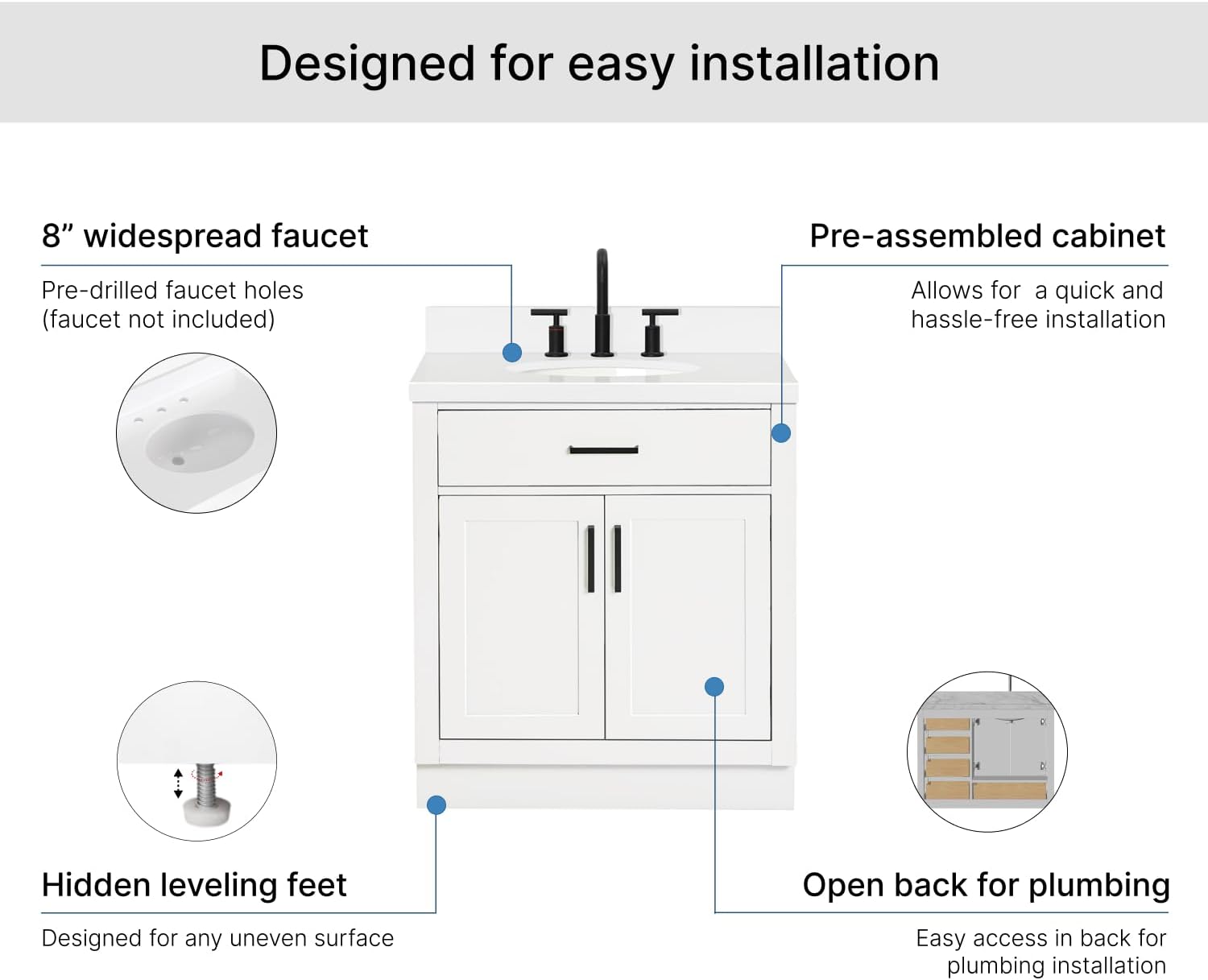 ARIEL Hepburn 30-inch Bathroom Vanity with Sink,Solid Wood, 1.5-inch Pure White Quartz Countertop & Backsplash, Single Oval Porcelain Sink, 2 Soft Closing Doors, 1 Dovetail Drawers, White
