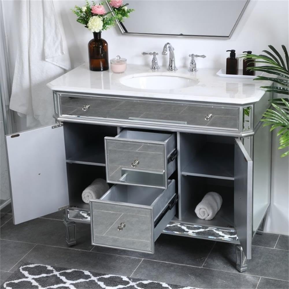 Pemberly Row 42' Marble Top Mirrored Bathroom Vanity, Antique Silver Finish, Rubberwood and MDF Base, Carrara White Marble Countertop, Porcelain Sink, Soft Close Drawers, 2 Doors, Free-Standing Design