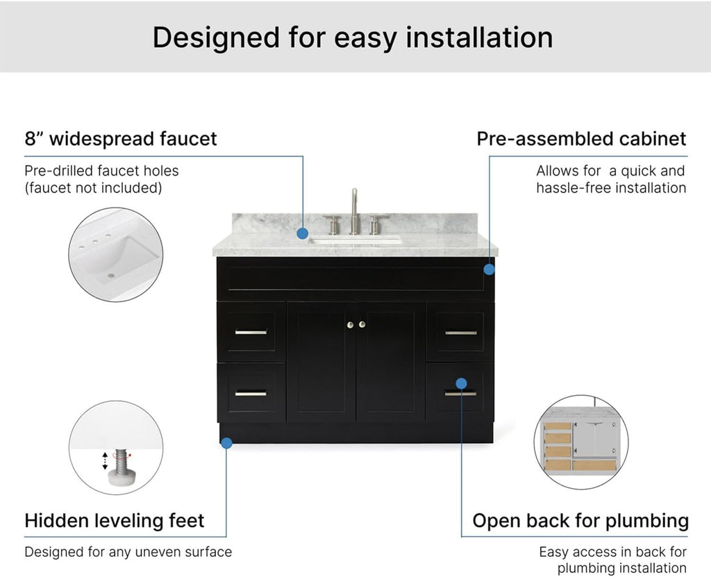 ARIEL Hamlet 48-inch Bathroom Vanity with Sink,Solid Wood, 1.5-inch Italian Carrara Marble Countertop, Single Rectangular Porcelain Sink, 2 Soft Closing Doors, 4 Dovetail Drawers, Black