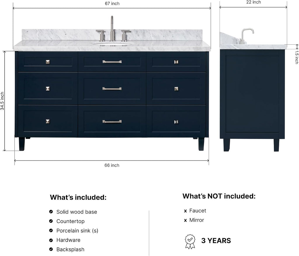 ARIEL Monroe 66-inch Bathroom Vanity with Sink,Solid Wood, 1.5-inch Italian Carrara Marble Countertop & Backsplash, Single Oval Porcelain Sink, 9 Dovetail Drawers, Midnight Blue