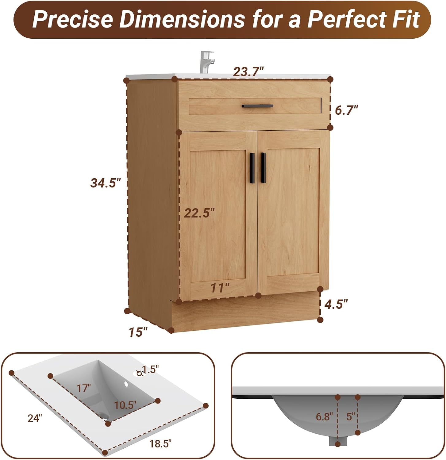 24 Inch Bathroom Vanity with Sink, Modern Storage Cabinet, Contains White Sink and Soft-Closing Door, Spacious Bathroom Storage Space (Nature with Sink, 24 Inch)