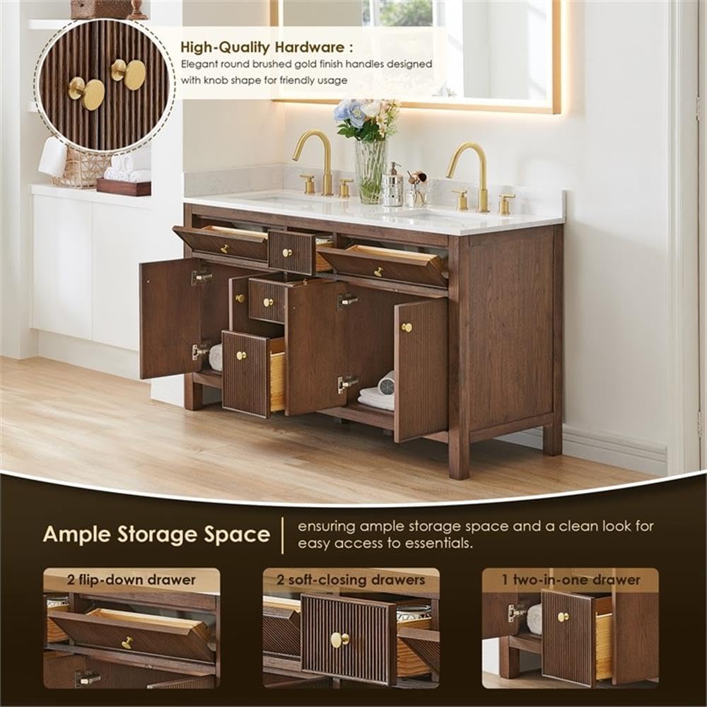 Pemberly Row 60' Wood Bathroom Vanity, Brown Brushed Oak, Fluted Doors, Grain White Engineered Stone Top, Soft-Closing Storage, Ceramic Undermount Sink, Modern Design for Bathroom Elegance