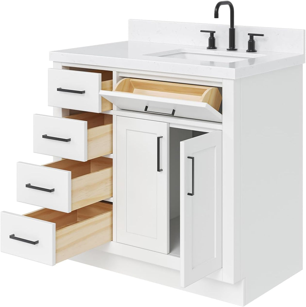 ARIEL Hepburn 36-inch Bathroom Vanity with Sink,Solid Wood, 1.5-inch Carrara White Quartz Countertop & Backsplash, Single Rectangular Porcelain Sink, 2 Soft Closing Doors, 5 Dovetail Drawers, White