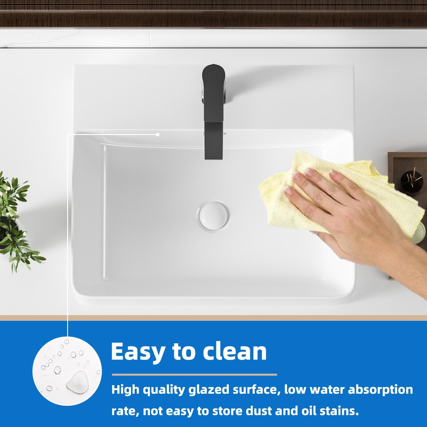 KINGWONG 20 Inch Ceramic Vessel Sink | White Rectangular Bathroom Sink Above Counter or Wall Mounted | Porcelain Vanity Basin with Overflow Hole Easy Clean Glossy Finish for RV Farmhouse Modern Bath
